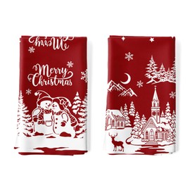 Arquiel 2 Pcs Snowman Christmas Kitchen Towel 100% Cotton Winter Absorbent Dish Towel 27.5"x18.8" Housewarming Red Farmhouse Decorative Hand Towel for Dining Home