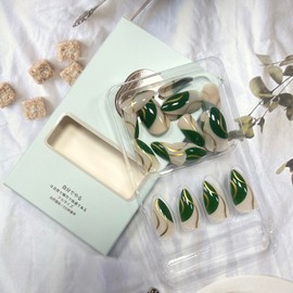 Press on Nails Medium French Almond False Nails Green Fake Nails Artificial Acrylic Nails with Gold Lines Design Full Cover Glossy Reusable Coffin Nails Glue on Nails for Women 24Pcs