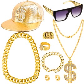 YAROMO 80s 90s Rapper Accessories Outfit for Men, Hip Hop Hat Old School Rapper Sunglasses Faux Gold Rope Chain Bracelet Dollar Sign Chain Ring Dress Up Party Decorations