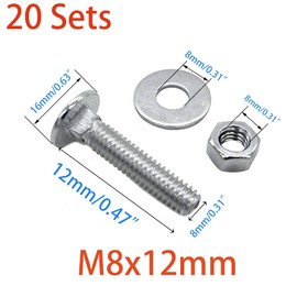 It Works Great 20 Sets Long Square-Neck Carriage Bolts, M8-1.25X12mm, Zinc-Plated, Carbon Steel Grade 4.8, Plain Finish, Fully Threaded