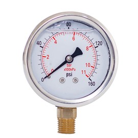 Pressure Gauge,Liquid Filled,2 1/2" face dia,0-160 psi/bar/kpa,1/4" NPT Lower Mount, Polycarbonate Lens Window, Stainless Steel case