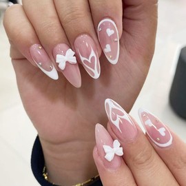 Press on Nails Medium Almond Fake Nails with Pink Heart Glue on Nails Bow Acrylic Nails Shiny Rhinestone Design with Glossy Glue Full Cover Acrylic Artificial Stick for Women 24Pcs