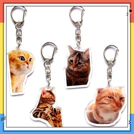 FXiaoy Kawaii Cat Acrylic Keychain Set - 8pcs Charming Anime Cartoon Cat Themed Charm Keychains, Round Shaped Funny Meme Keyrings, Decorative Car Key Chains, Ideal for Key Decoration