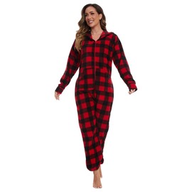 XMASCOMING Women's & Men's Hooded Fleece Onesies One-Piece Pajamas, Red Black Plaid, Medium