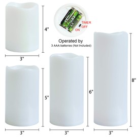 Wondise Waterproof Outdoor Flameless Candles with Timer, 4pcs Battery Operated Flickering LED Candles, White Plastic Pillar Candles for Outdoor Wedding Holiday Home Decor(3×4/5/6/8 Inches)