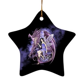 Protectors of The Realm Dragon and Fairy Star-Shaped Porcelain Holiday Christmas Tree Ornament - 3.1"