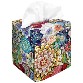 Tissue Box Cover Square Velvet Decorative Tissue Box Holder Cute Funny Cube Tissue Case Cover-Boho Floral Tissue Box Cover