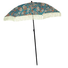 Beach Umbrella for Sand with Sand Anchor – Windproof, Portable Sport Umbrella, Fringe, Denim Beach Bag, Features Pointed Bottom & 100% UV Sun Protection – Bahama (Flora)