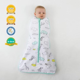 Owli Sleeping Guru Swaddle & Sleeping Bag, Zoo Zoo, 0-36 Months, 4-In-1 Swaddle, Award-Winning Design, Officially Hip-Healthy, 0.5 TOG, OEKO-TEX Certified Cotton-rich Fabric