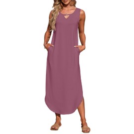 MISFAY Women's Summer Maxi Dress Sleeveless Loose Long Beach Split Dresses with Pockets(Mauve,M)