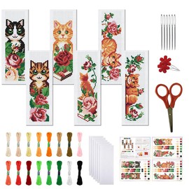 FREEBLOSS 6 Set Kreuzstich Lesezeichen Sets Mit Katzenmotiv Rosenmuster Gestempeltes Kreuzstich Set DIY Stickset Lesezeichen Bastelset Mit Anleitung Für Anfänger 6x20cm