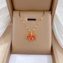 Red Maple Leaf Crystal Birthstone Cubic Zirconia Minimalist Necklace For Women,Maple