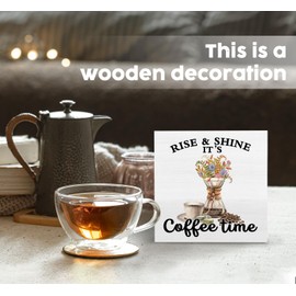 Nitelat Coffee Wooden Box Signs, Rise and Shine It's Coffee Time Wood Sign Home Decor for Cafe Shop Station Kitchen Desk Table Shelf 5x5 Inch