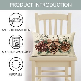 Fjfz Hello Winter Pine Cone Lumbar Decorative Throw Pillow Cover 12 x 20, Rectangular Pine Needle Bow Outdoor Home Decor, Christmas Seasonal Red Berry Sofa Couch Cushion Case