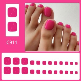 Pink Press on Toe Nails Short Square False Toenails with Designs Glossy Hot Pink Fake Toenails Spring Glue on Toe Nails Cute Full Cover Reusable Summer Stick on Toenails for Women Girls Manicure 24Pcs