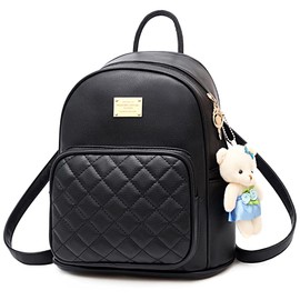 manukori Women's Backpack, Smaller, Girls, Mini Backpack, Leather, Improved Cute, Children's Bag, Bear Doll, Black