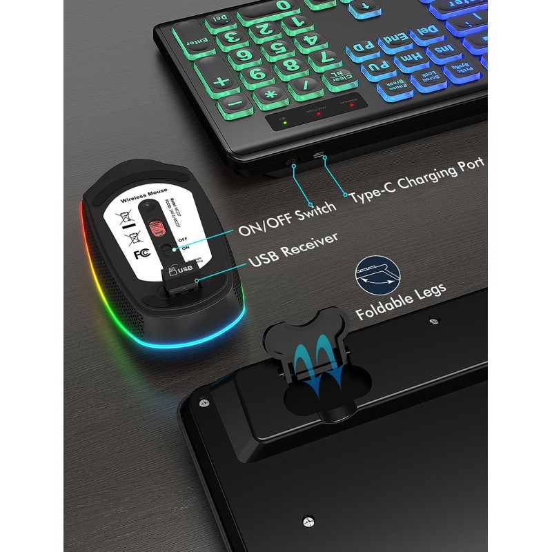 Wireless Keyboard and Mouse Combo - Large Print, RGB Backlit,