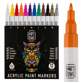 ART OWL Acrylic Paint Markers – Fine 0.7mm Tip – Water-based Paint Pens for Rock Painting, Stone, Ceramic, Glass, Wood, Porcelain, Fabric, Mugs, Canvas, DIY Craft – 12 Colors Paint Marker Set