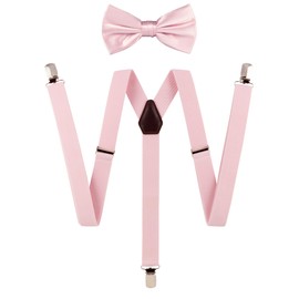 TIE G - Juego de tirantes de color sólido para hombre + pajarita tejida para boda: color vivo, soporte ajustable, clip fuerte, banda elástica, Rosa (Blush), Regular