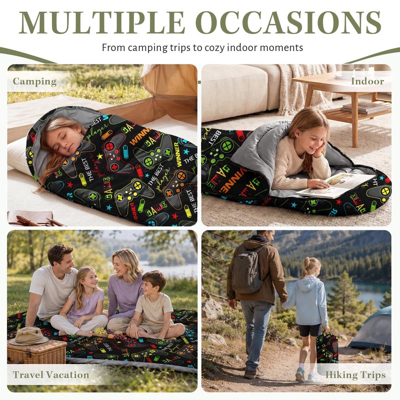 WeCozy Black Gaming Sleeping Bag for Kids, 3 Season Lightweight