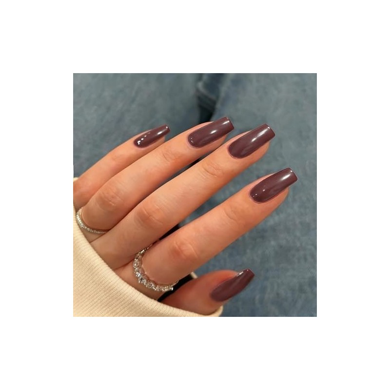 Uñas postizas marrones cuadradas largas, uñas postizas de gel suave,