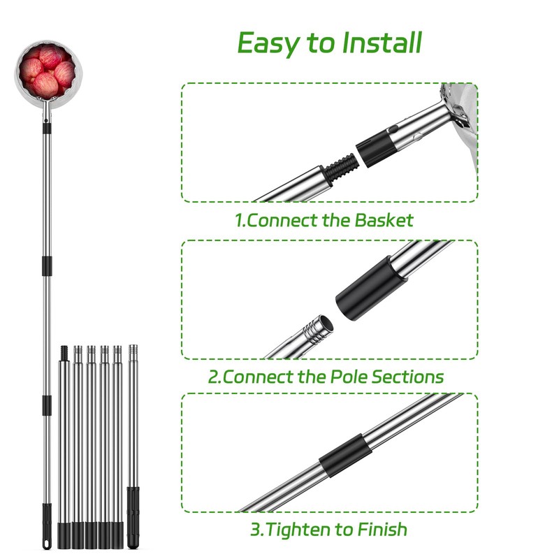 BURMONG 13.8 FT Fruit Picker Tool with Stainless Steel Pole