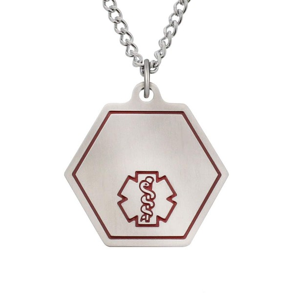 American Medical ID – Classic Alert Necklace With Stainless Steel Hexagon Identification Tag. Select 18, 20, 24 or 27 inch length. Alert EMS To Medical Conditions, Allergies, Emergency Contacts.