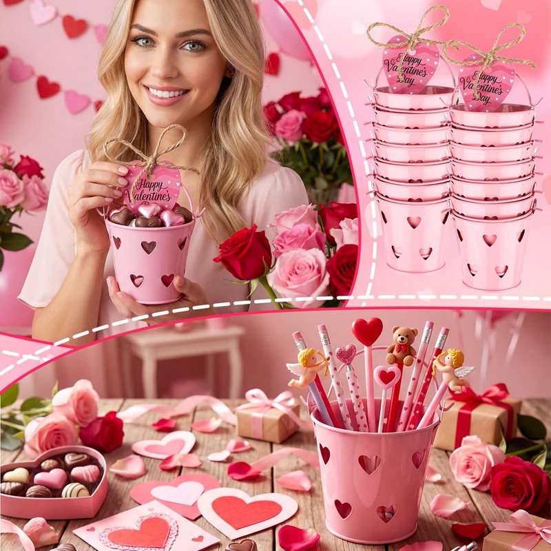 24 Pcs Mini Pink Valentine Buckets with Handle 2.36 Inch