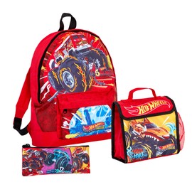 Hot Wheels Monster Trucks Backpack + Lunch Bag + Pencil Case Boys 3 Piece School Bag Set