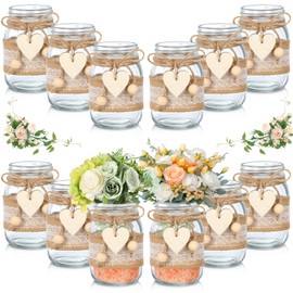 Mumufy 12 Sets Mason Jar Table Centerpiece with Lace Sleeves and Heart Shaped Hemp Rope Rustic Mason Jar Vases Reception Engagement Party Bridal Shower Centerpieces Wedding Table Decorations