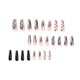 24 Pcs Press on Nails Long Coffin French Tip Fake Nails Black Butterfly with Glitter and Fire Designs on False Nails with Glue Artificial Acrylic Nails for Women Girls