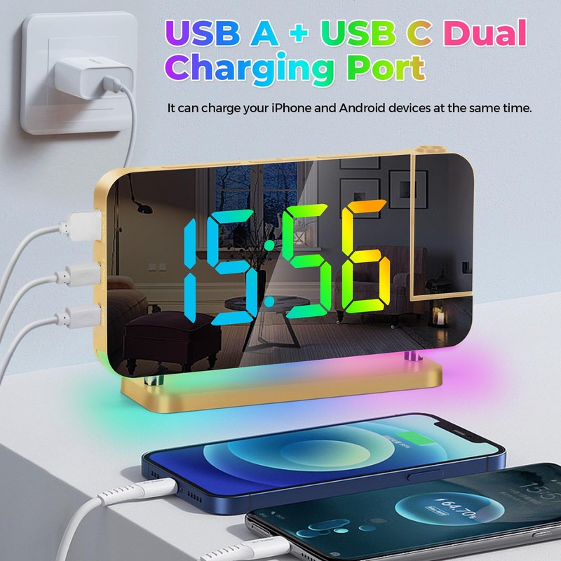 Poeroa Projection Alarm Clock for Bedroom,7.4" LED Mirror Digital Clock
