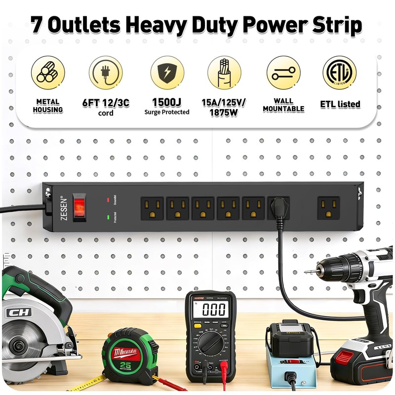 7 Outlet Metal Long Power Strip with Overload Protection 6ft