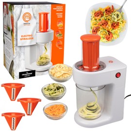 MasterChef Electric Spiralizer- 3-in-1 Vegetable Noodle Pasta Maker- Homemade Low Carb, Keto, Vegan, Gluten Free- Zoodle Zucchini Veggie Slicer & XL Hopper, FREE Recipes- Quick Healthy Meal Prep Gift