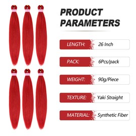 MEZIRU Red Braiding Hair Pre Stretched 26 Inch 6Pcs/Packs Synthetic Hot Water Setting Twist Yaki Straight Prestretched Braiding Hair Extensions for Braids