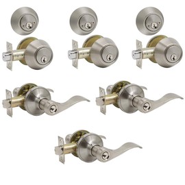 Brotima 3 Pack Exterior Door Lock Set,Double Cylinder Deadbolt with Wave Style Lever Door Handle, Satin Nickel Wave Style Heavy Duty Door Lever Set for Bedroom