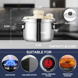 TIPTAP 4.5QT/5L Stainless Steel Pressure Cooker, Multifunctional Pot with Glass Lid, Ideal for Steaming, Soups, Pressure Cooking, Rice and More, Compatible with Gas Stove and Induction Cooktops