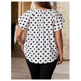 WDIRARA Women's Plus Size Polka Dots Blouse Tie Neck Ruffle Short Sleeve Tops Shirts Black and White XX-Large Plus