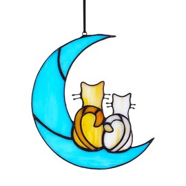 HDCRYSTALGIFTS Couple Cat Sitting on Moon Stained Glass Window Hanging, Modern Art Suncatcher for Window, Wall Decor,Cat Lover Gifts for Women/Girls
