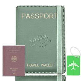 SUCCEFORT Passport Cover, Faux Leather Passport Cover for Passport, Credit Cards, ID Card, Travel Documents with RFID Blocker, with Transparent Passport Covers and Suitcase Tag, 15 x 11 cm, Green,