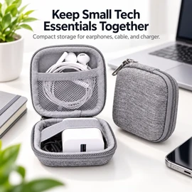 Portable Electronics Organizer Case for Cables – Compact Square Storage Bag with Mesh Pocket for Travel and Daily Carry