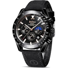 LN LENQIN Mens Watches Chronograph Leather Watch Analog Quartz Watches for Men 30M Waterproof Men's Wrist Watches Luminous Luxury Fashion Business Watches with Date Moon Phase (All Black)