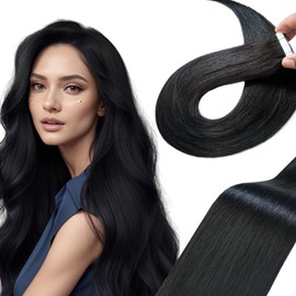 Qingliang Tape-In Real Hair Extensions, Natural Black, 55 cm, 20 Pieces, 50 g, Tape-In Extensions, Real Hair, Invisible Silky Straight, Skin Weft Tape Ins, Natural Extensions (Deep Black, 55 cm)