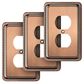 Henne Bery Rope Edge Decorative Wall Plate Switch Plate Outlet Cover (Single Duplex, 3 Pack, Antique Copper)