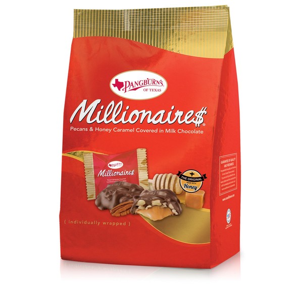 Pangburns Millionaire$ Gusset Bag, 16.75 Ounce, Pangburn's Millionaires Candy, Buttery Pecans, Creamy Caramel, Honey, and Mouthwatering Milk Chocolate; Texas Born, and Loved by All
