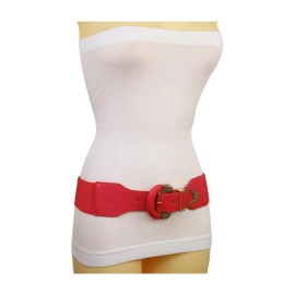 Unbranded Women Coral Color Faux Leather Elastic Waistband Belt Round Gold Buckle Fit S M