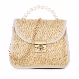 TOFBS Beach Bag Women's Straw Bags Summer Shoulder Bag Straw Evening Handbag Boho Style with Chain Clutch for Beach Holiday Travel Wedding Bag, White