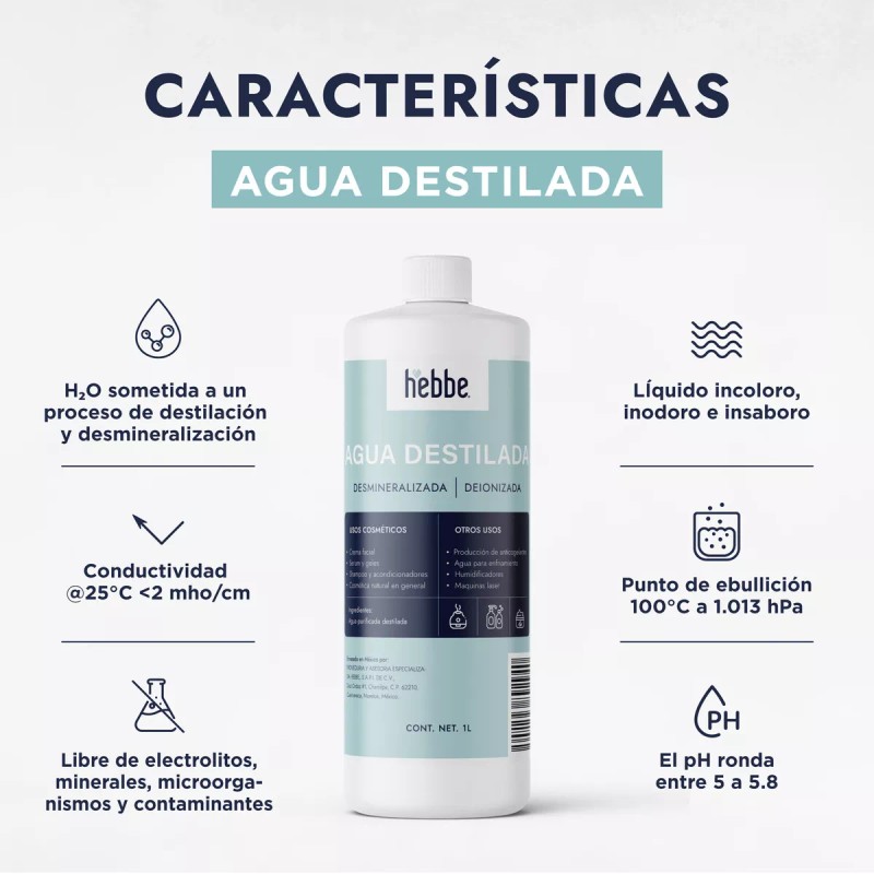 Hebbe Cosmetics Agua Destilada Deionizada Alta Pureza uso cosmetico en