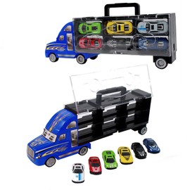 Toy Truck Transport Carrier Includes 6 Friction Powered Fast Racing Cars, Large Truck Rig Set with Collapsible Handle