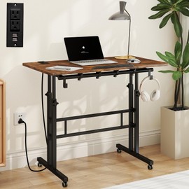 SIDUCAL Mobile Standing Desk with Charging Station, Portable Desk for Walking Pad, Adjustable Computer Workstation with Wheels, Office Table Stand with Tilted Desktop 23.62" D X 31.5" W Rustic Brown